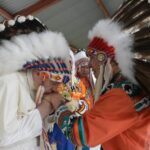 Pope Francis greets Chief Littlechild at Maskwacis during the Holy Father's visit to Canada.