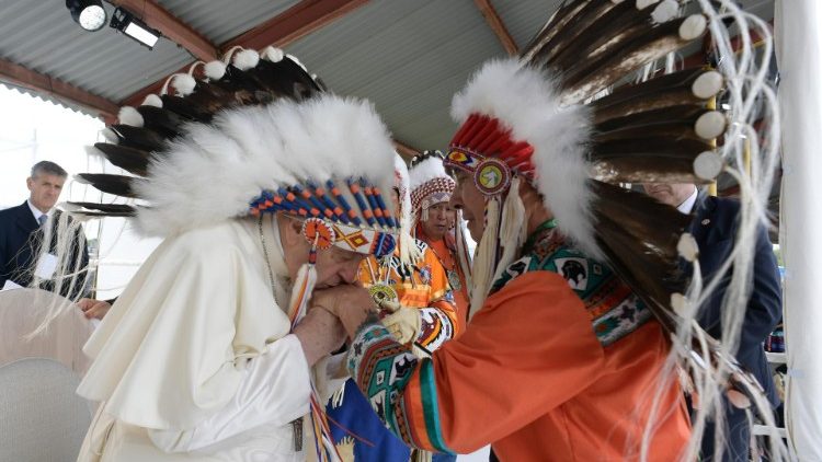 Pope Francis greets Chief Littlechild at Maskwacis during the Holy Father's visit to Canada.